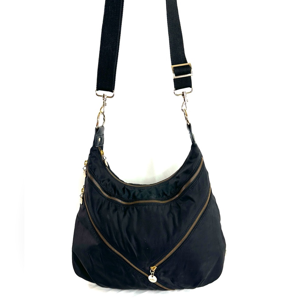 Alexis Hudson Black Nylon Large Crossbody Bag Brass Logo Charms Side Pocket